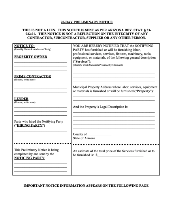 Arizona Preliminary 20-Day Notice Form Download | Levelset