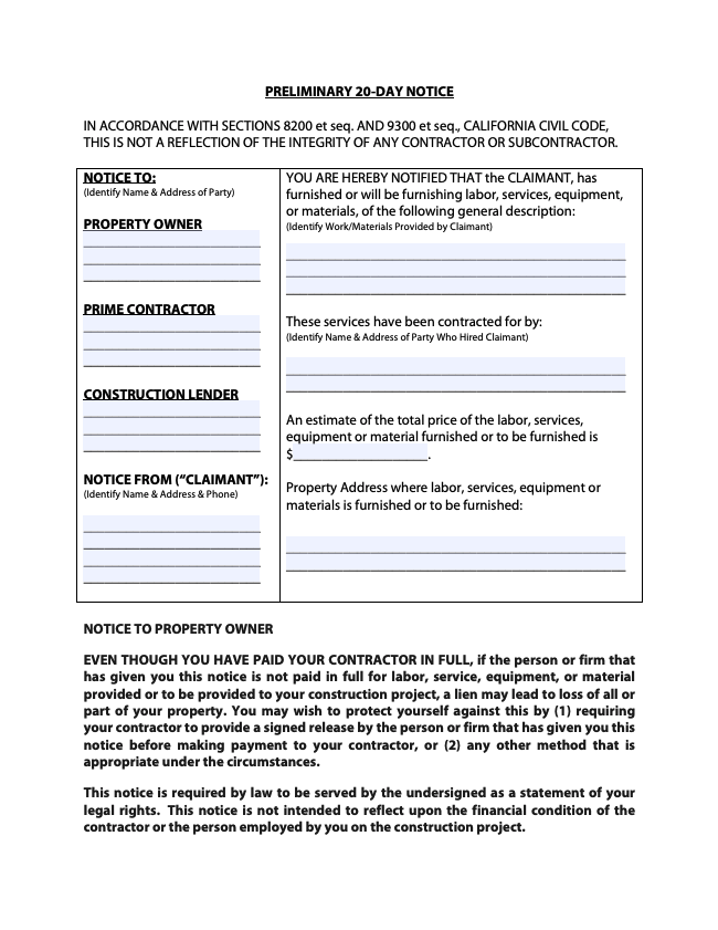California Preliminary Notice Form 20 Day Free Template