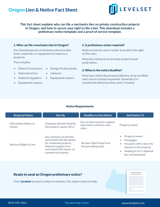 Oregon Mechanics Lien And Notice Fact Sheet Levelset