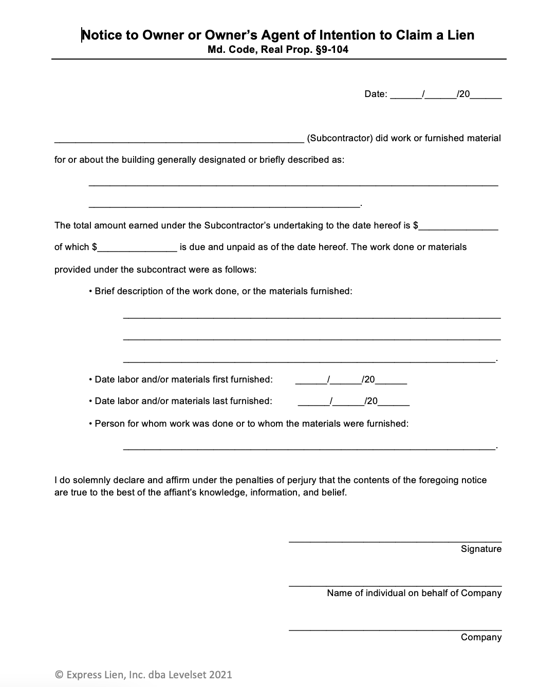 Maryland Notice of Intent to Lien Form | Free Template