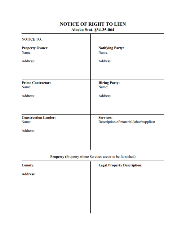 Alaska Notice Of Right To Lien Form Levelset 9807