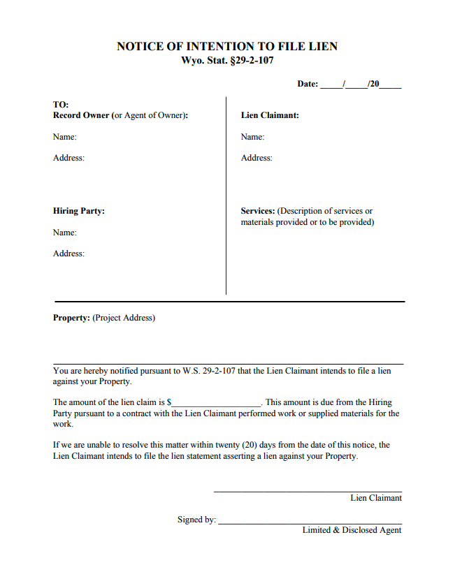 Wyoming Notice Of Intent To Lien Form Free Downloadable Template