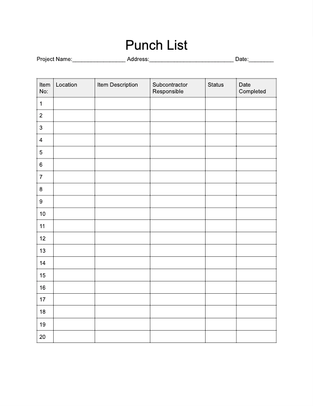 Punch List Template Word