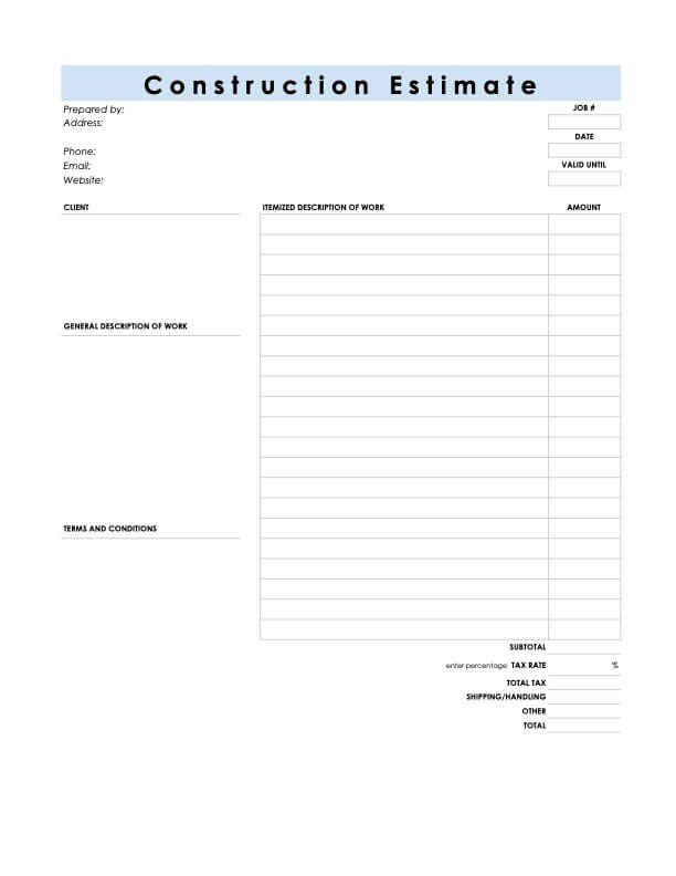 Free Construction Estimate Template in Excel, Google Sheets & PDF