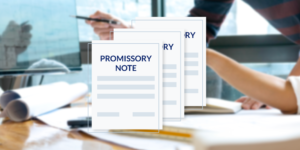 Illustration of promissory notes with construction professionals in background