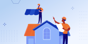 How to start a roofing company illustration with roofers looking at plans and placing tiles