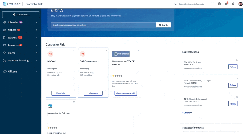 Screen recording of the Job Radar Notifications within the Levelset app