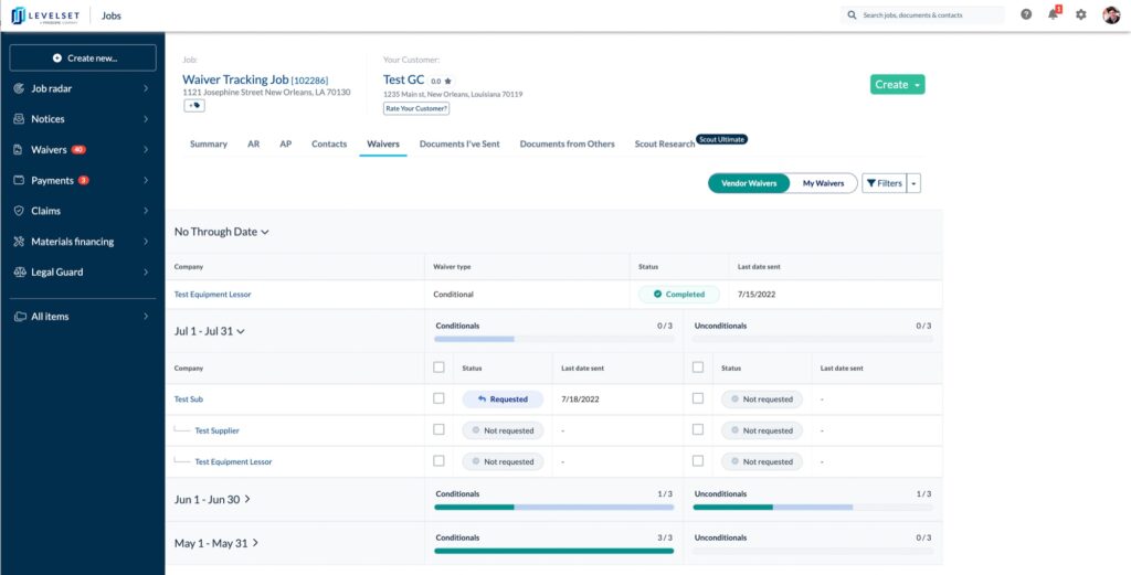 Screenshot showing user tracking waivers in Levelset app