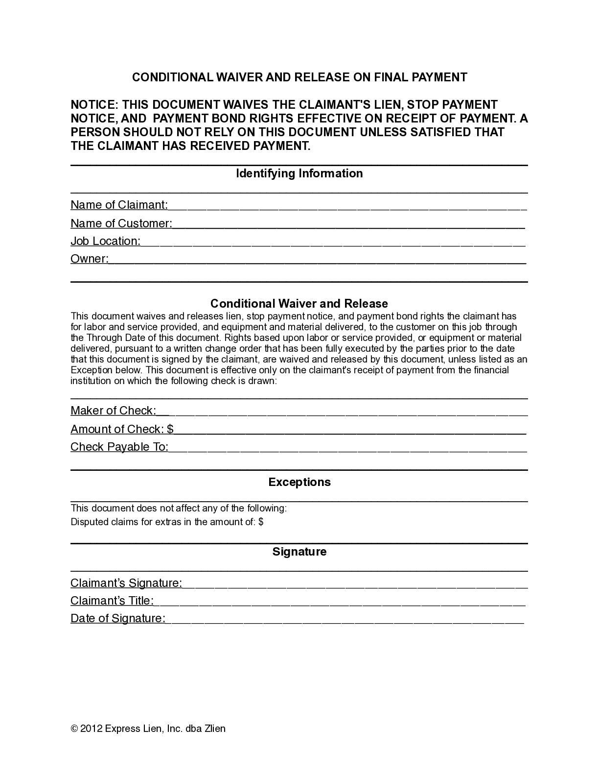 Colorado Final Conditional Lien Waiver Form Free Template