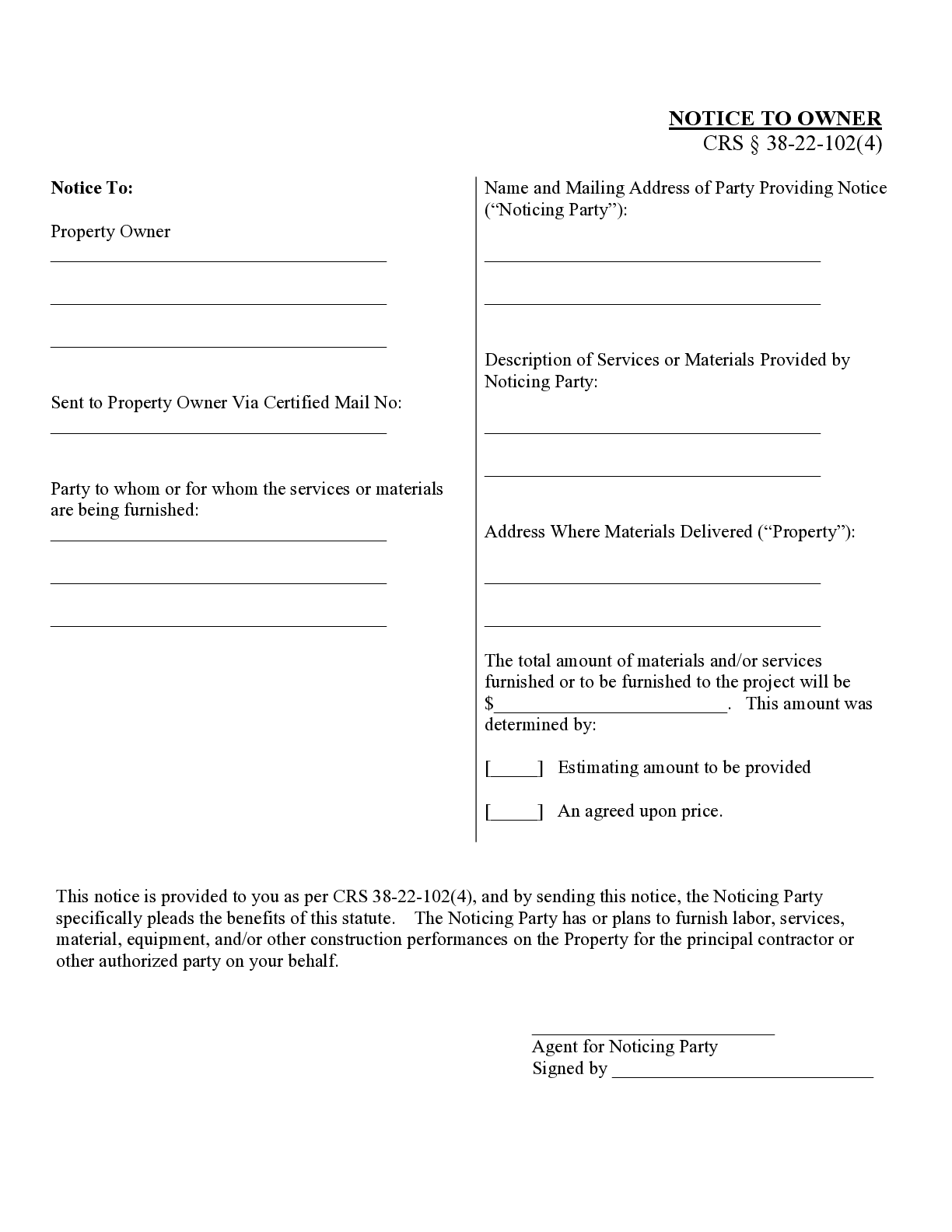 Colorado Notice To Owner Form Free Downloadable Template