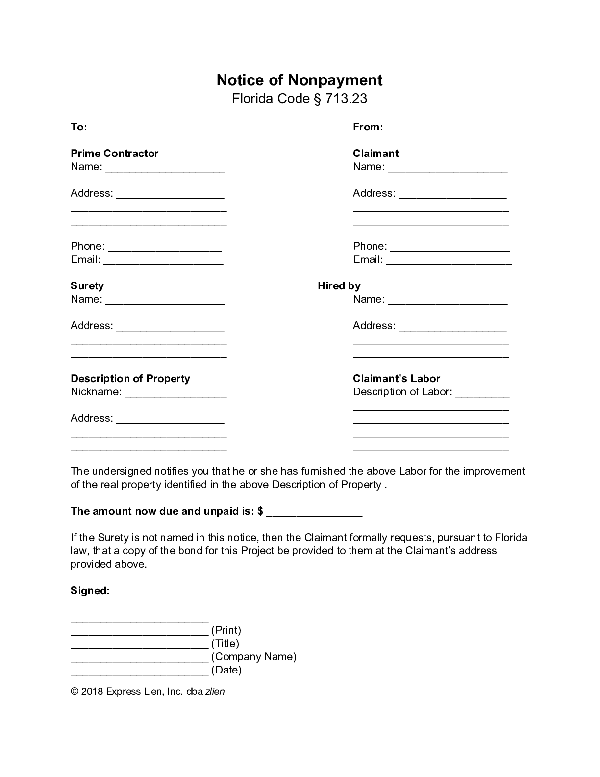 Florida Notice Of Nonpayment Private Bond Claim Form