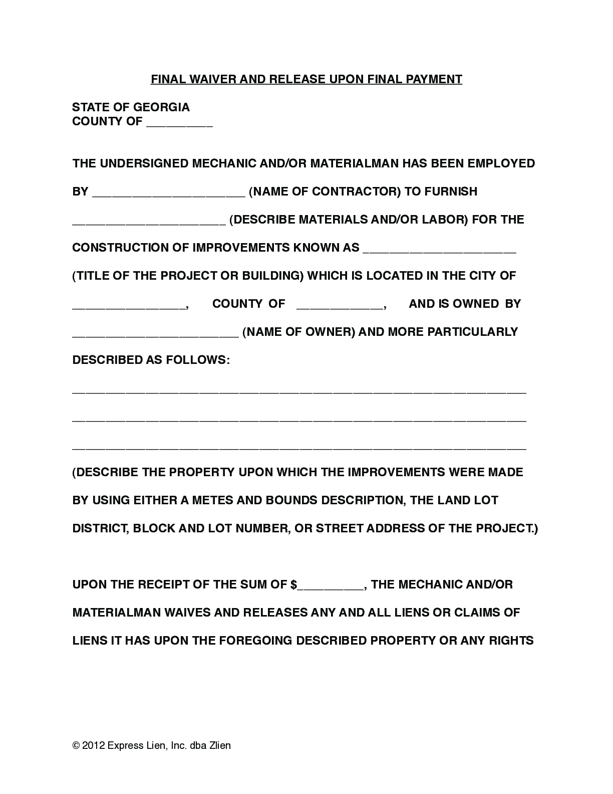 Georgia Final Lien Waiver Form Free Downloadable Template