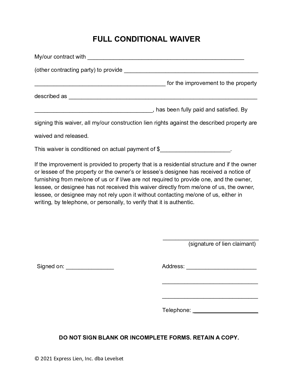 Michigan Final Conditional Lien Waiver Form Free Template
