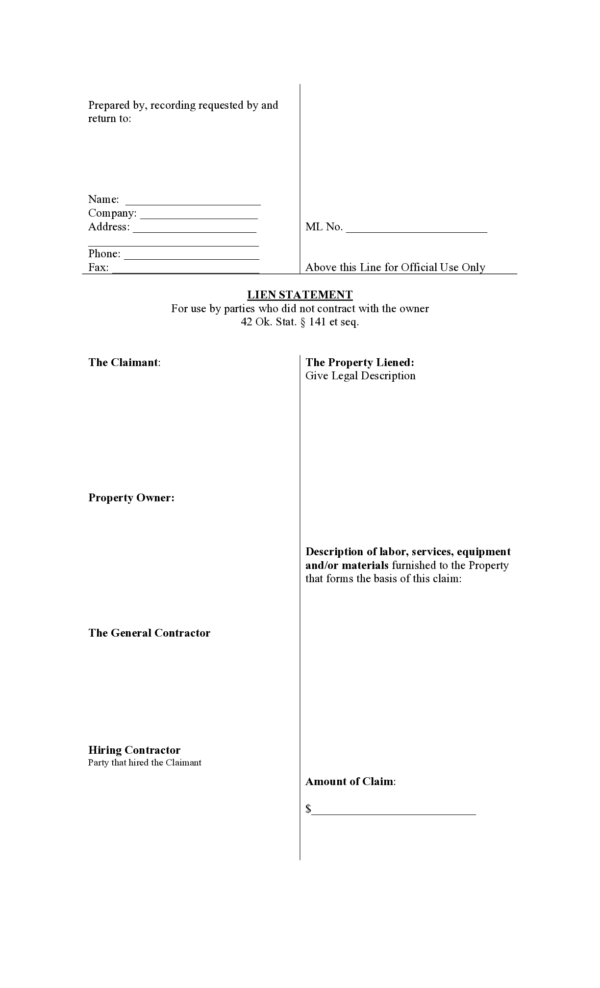 Oklahoma Subcontractor Residential Lien Form