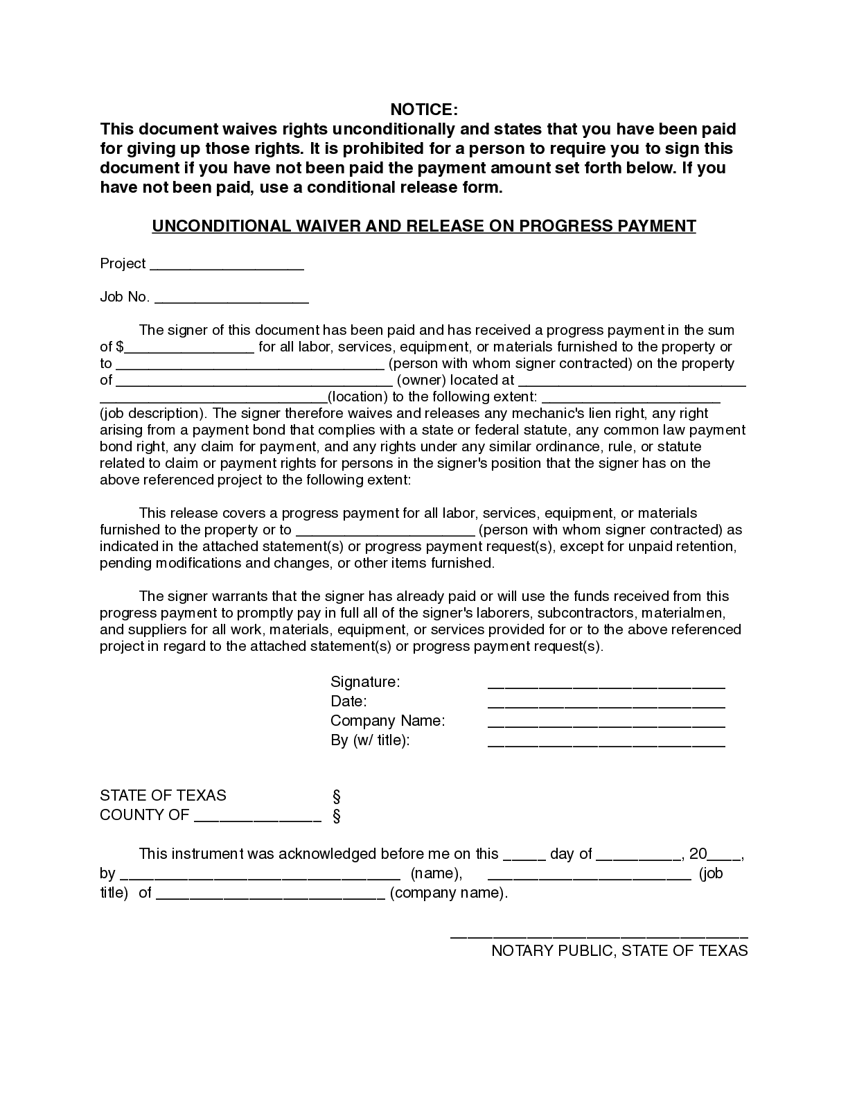 Texas Partial Unconditional Lien Waiver Form Free Template
