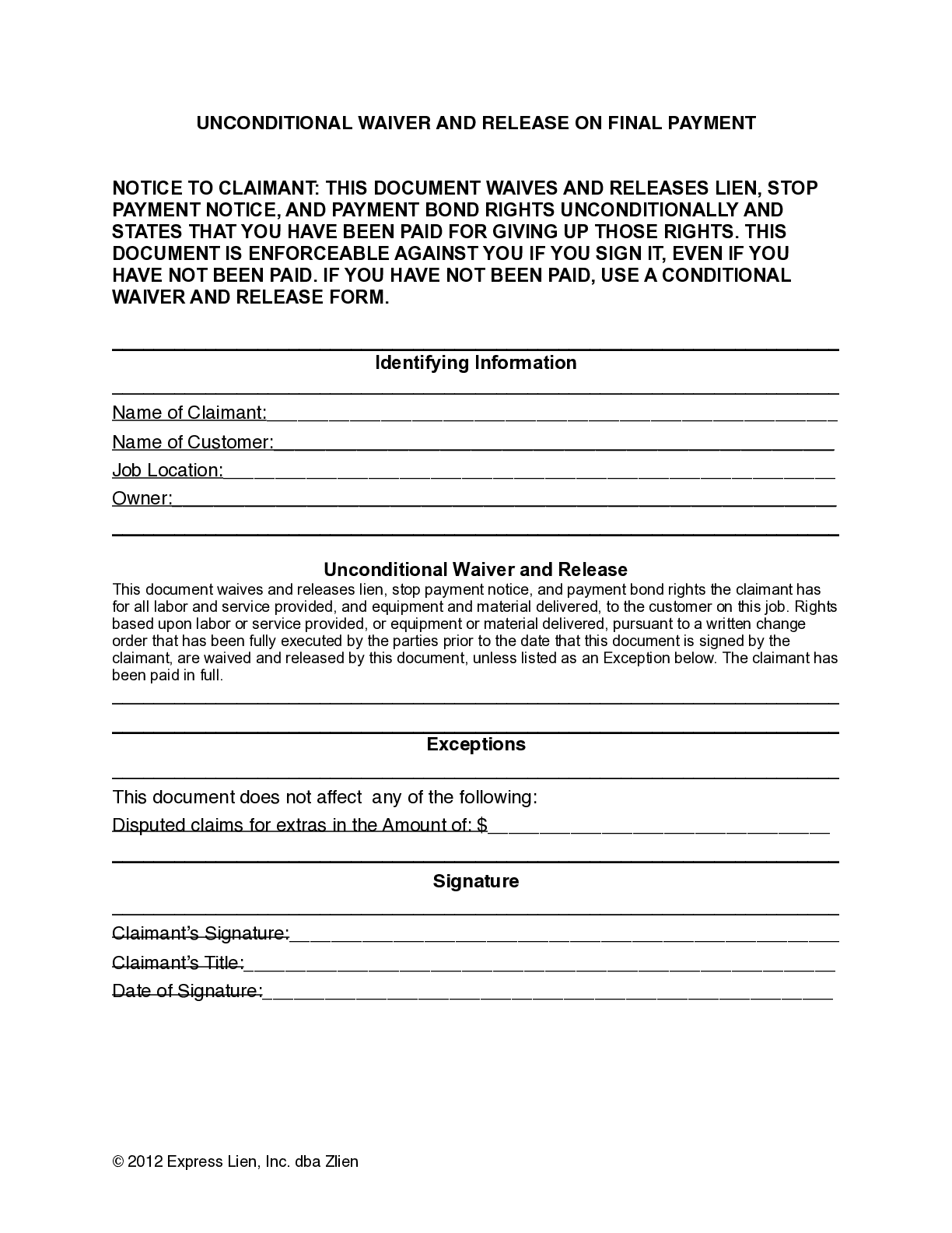 Wisconsin Final Unconditional Lien Waiver Form Free